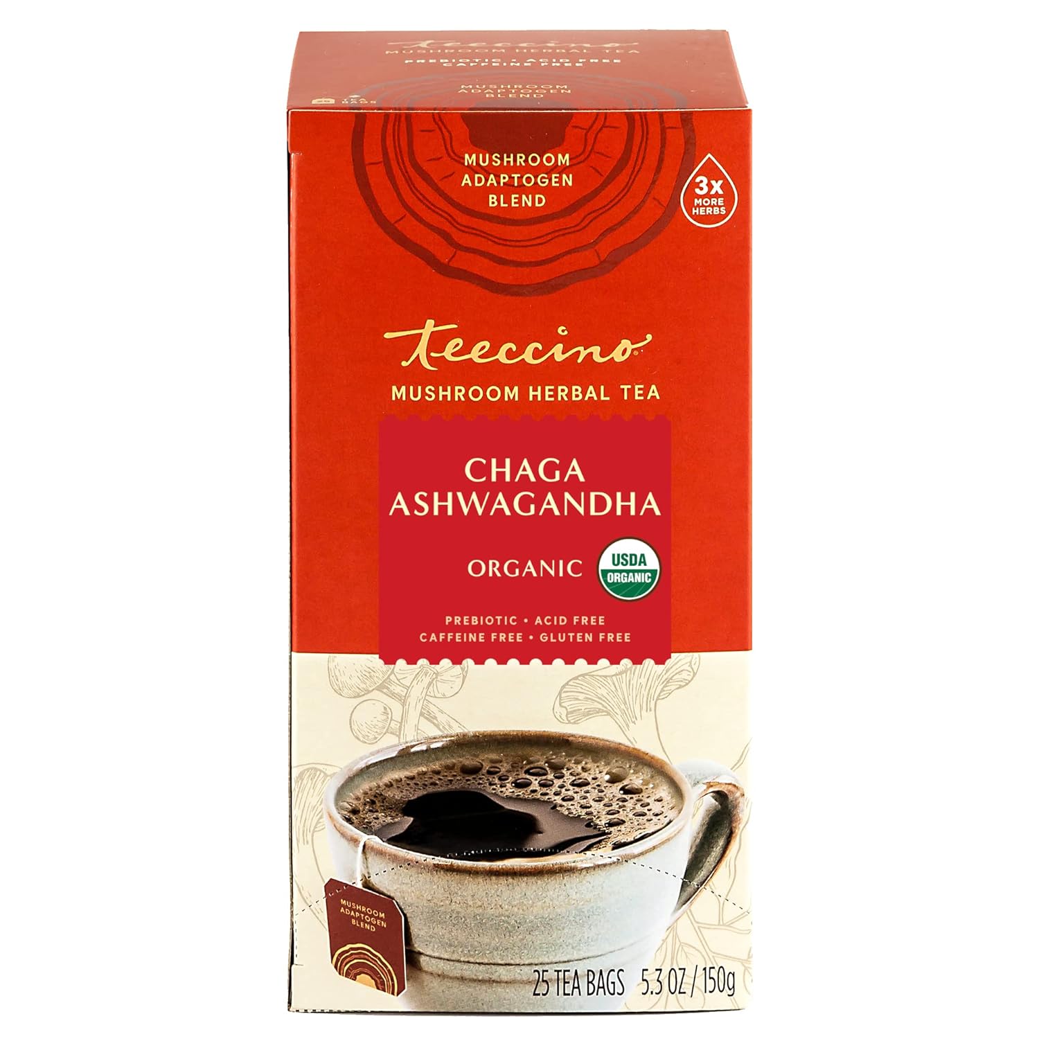 Teeccino Chaga Ashwagandha Tea - Butterscotch Cream - Organic Mushroom Adaptogenic Herbal Tea, 3x More Herbs than Regular Tea Bags, Prebiotic, Caffeine Free, Gluten Free - 25 Tea Bags : Health & Household