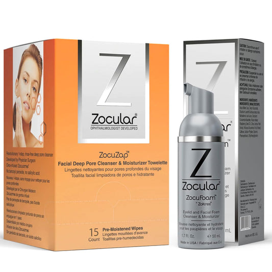 Zocuzap Facial Wipes, 15 Count + Zocular Zocufoam Eyelid Cleanser Bundle
