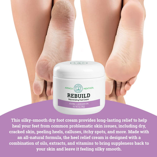 Rebuild - Fast-Acting Rejuvenating Skinceutical Foot Relief Cream, 3 Oz All Natural Repair Cream For Dry Cracked Feet & Heels With Arnica, Vitamins B5 & E, Aloe Vera & Shea Butter