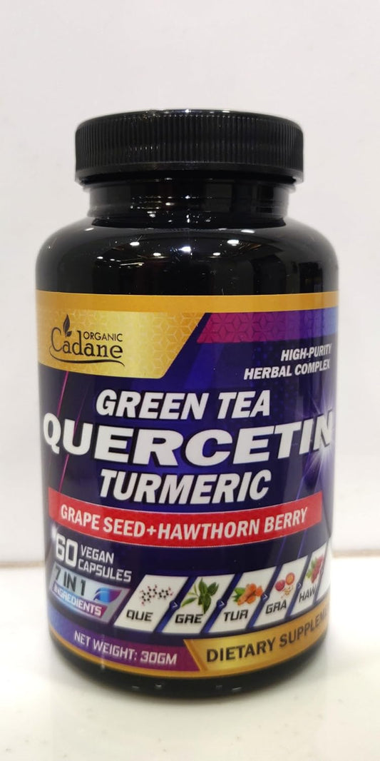 Organic Cadane Quercetin Supplements -7 Ingredients Extract With Green Tea, Grape Seed, Turmeric & More - 60 Capsules