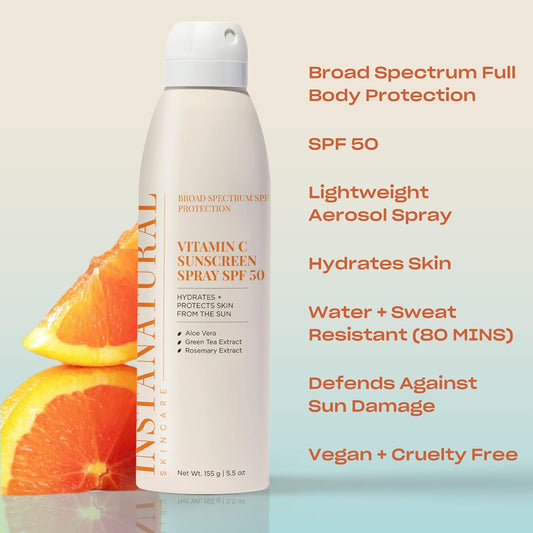 Instanatural Skin Care Vitamin C Spf 50 Broad Spectrum Sunscreen Spray, Brightens & Hydrates, Uva, Uvb Sun Protection Sunblock, With Aloe Vera & Botanicals, Aerosol Bottle, 5.5 Fl Oz