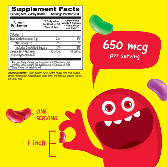 Vitamin B12 650mcg Jelly Beans for Kids - Tasty Natural Berry Blast Flavor - Vegan, GMO-Free, Gluten Free, Nut Free - Dietary Supplement - Energy Support for Children - 60 Jellies