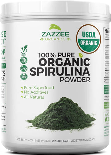 Zazzee Usda Certified Organic Spirulina Powder, 2.2 Pounds (1 Kg), 303 Servings, 100% Pure, Non-Irradiated, Mess-Free Wide Mouth Container, Fresh Smell And Neutral Taste, Vegan, Non-Gmo, Gluten-Free