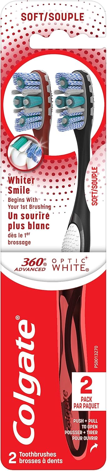 Colgate 360 Optic White Advanced Whitening Toothbrush, Adult Soft Toothbrush With Whitening Cups, Helps Whiten Teeth And Removes Odor Causing Bacteria, Count 2 (Pack Of 2)