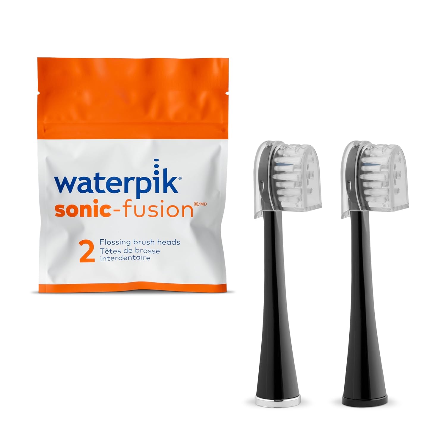 Waterpik Genuine Compact Replacement Brush Heads With Covers For Sonic-Fusion Flossing Toothbrush Sfrb-2Eb, 2 Count Black