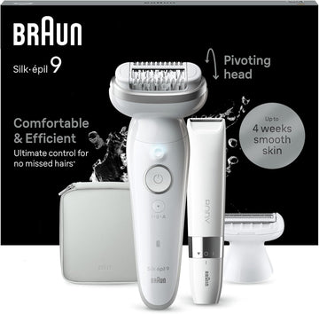 Braun Silk-Épil 9, Epilator With Pivoting Head For Easy Hair Removal, Wet & Dry, Lasting Smooth Skin, With Lady Shaver Head & Trimmer Comb, 9-441, White/Silver With Eu Plug