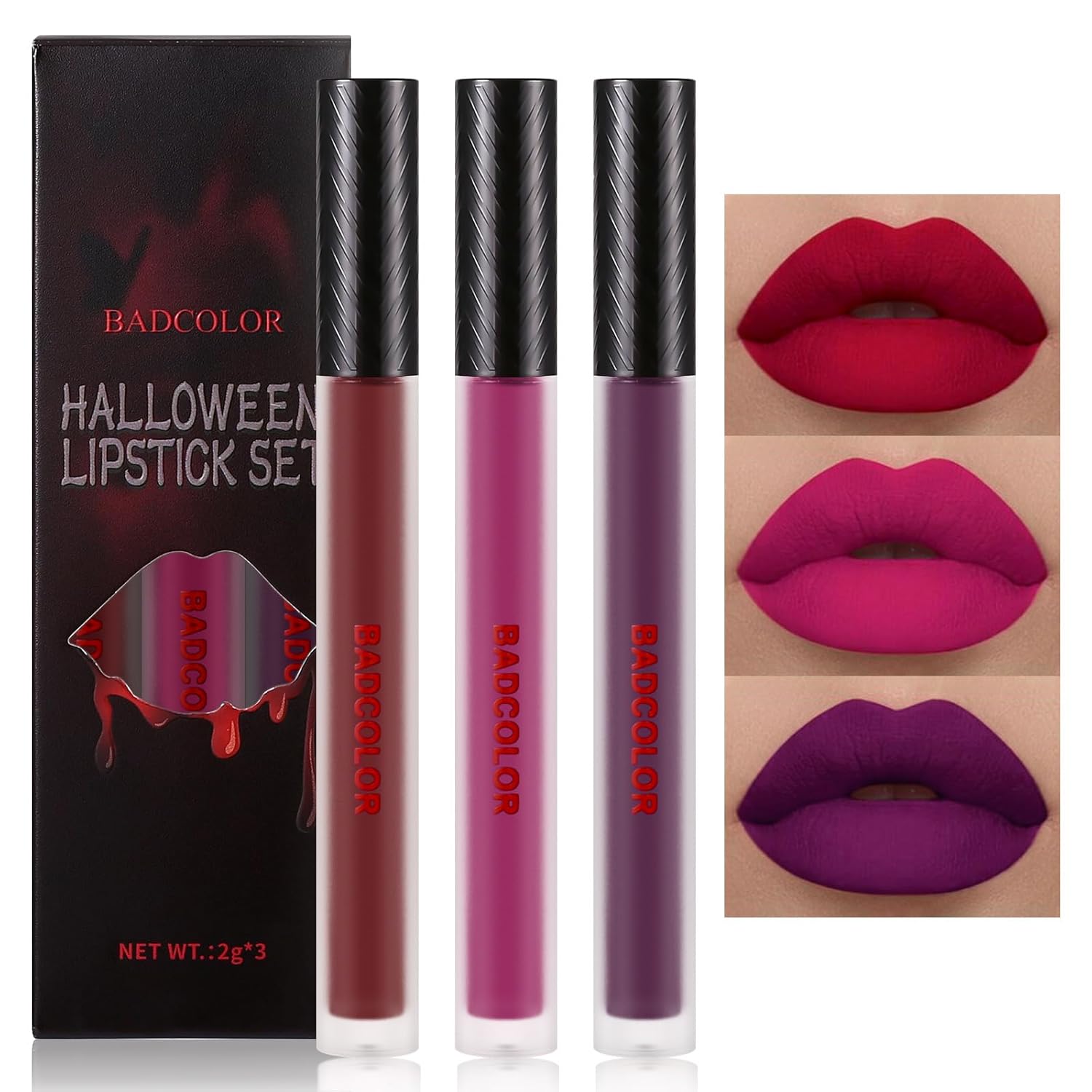 3 Colors Matte Liquid Lipstick Set, Black Blue Purple Halloween Makeup, High Impact Long Lasting Lip Stain Velvet Nonstick Cup Smudge Proof & Waterproof Lip Gloss Set