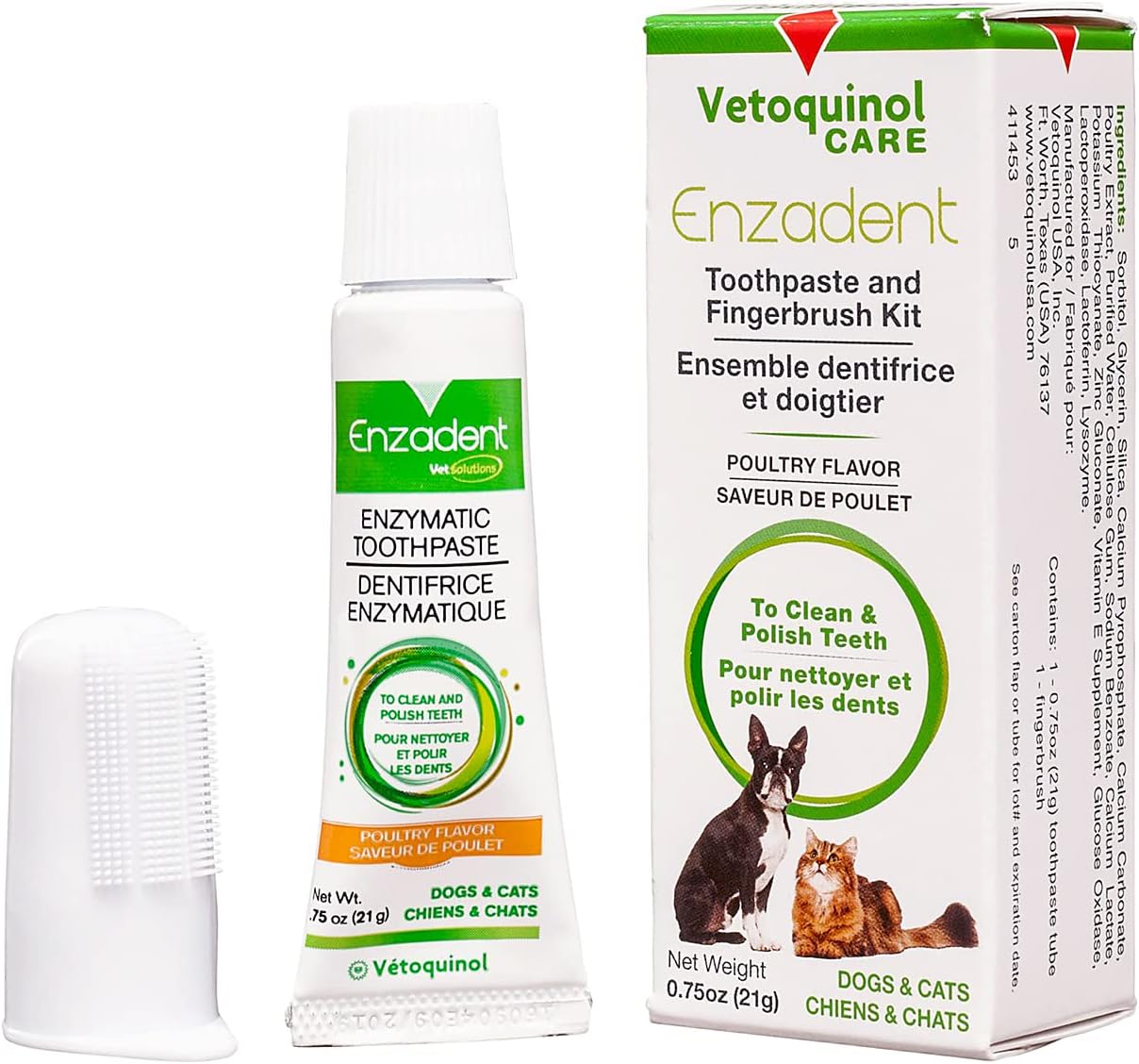 Vetoquinol Enzadent Enzymatic Toothpaste Kit + Fingerbrush for Cats & Dogs – .75oz, Poultry Flavor – Oral Dental Care Kit: Removes Plaque, Polishes Teeth & Freshens Breath