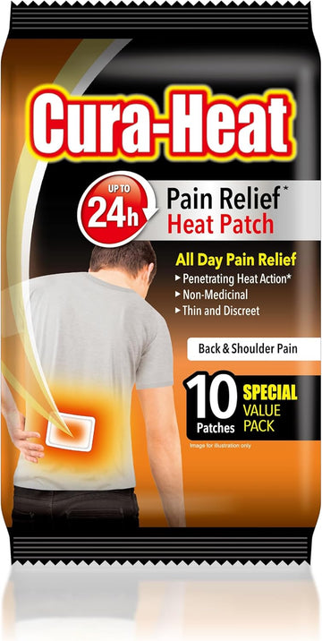 Cura-Heat Back And Shoulder Pain Heat Patch | 10 Patches | Targeted Pain Relief | Pain Relief Up To 24H | Penetrating Heat Action