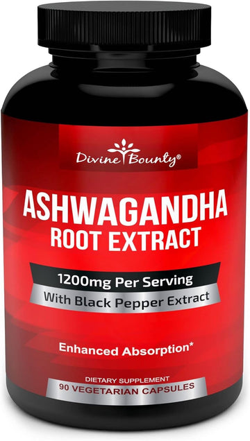 Divine Bounty Organic Ashwagandha Capsules - 1200mg Ashwagandha Powder with Black Pepper for Enhanced Absorption - Ashwaganda Supplement for Calmness & Mood Support - 90 Veggie Capsules