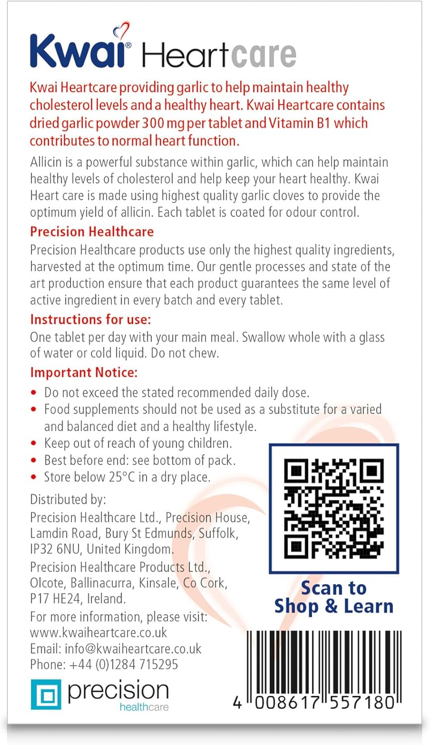 Kwai Heartcare | 100 Tablets | Garlic Capsules odourless high Strength Plus Vitamin B1 I Helps Maintain Healthy Cholesterol Levels and Healthy Heart | 300mg of standardised Garlic per Tablet : Amazon.co.uk: Health & Personal Care