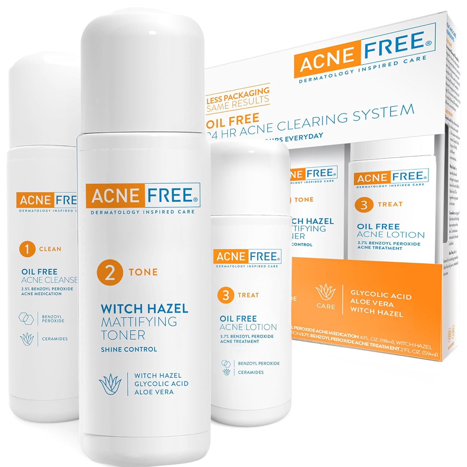 Acne Free 3 Step 24 Hour Acne Treatment Kit - Clearing System W Oil Free Acne Cleanser, Witch Hazel Toner, & Oil Free Acne Lotion - Acne Solution W/ Benzoyl Peroxide For Teens And Adults - Original