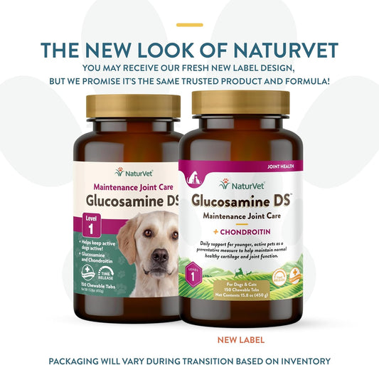 NaturVet Glucosamine DS Level 1 Maintenance Care Hip & Joint Support Pet Supplement for Dogs & Cats –Glucosamine, Chondroitin, Antioxidants –Supports Cartilage, Joint Function – 150 Ct