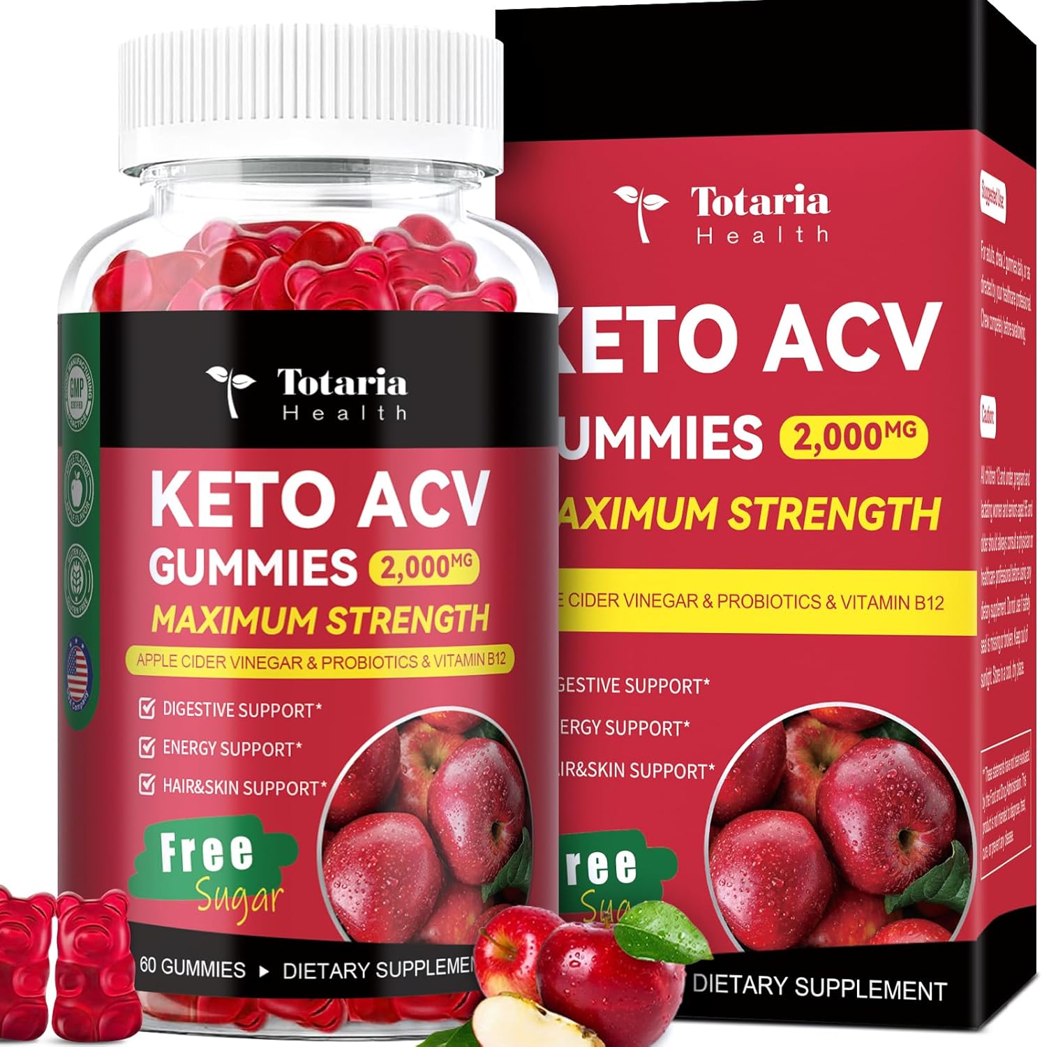 Keto Acv Gummies - 2000Mg Apple Cider Vinegar Gummies Sugar-Free Support Stature Health With Probiotics, B12, Bhb, Keto Supplements For Women & Men, 60 Counts