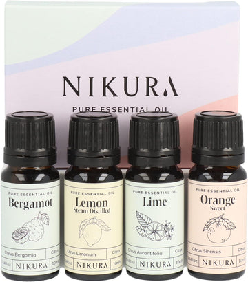 Nikura Citrus Oils Set - 4 x 10ml | Perfect for Cleaning, Aromatherapy, Diffusers for Home, Incense, Laundry | 100% Pure and Natural Essential Oils Including Bergamot, Lemon, Lime and Sweet Orange