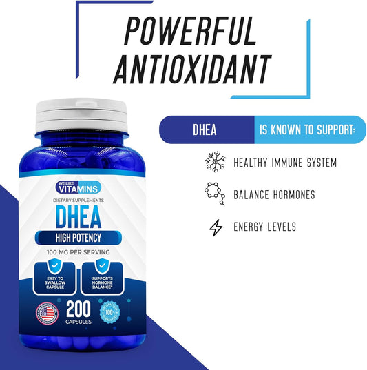 We Like Vitamins Dhea 100Mg 200 Capsules - 200 Day Supply Of Dhea Capsules - Helps With Hormone Balance And Energy Levels For Men & Women