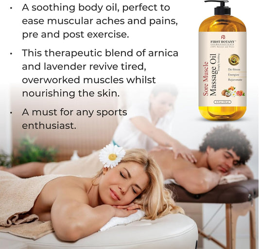 First Botany, Arnica Sore Muscle Massage Oil For Massage Therapy Natural Therapy Oil With Lavender, Mint, Chamomile Essential Oils, Collagen & Stem Cells, Therapeutic Oils For Body Massage Lotion 8Oz