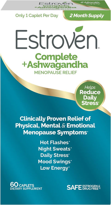 Estroven Complete + Ashwagandha Multi-Symptom Menopause Supplement For Women - 60 Ct. - Clinically Proven Ingredients Provide Menopause Relief & Night Sweats + Hot Flash Relief* - Drug-Free & Non-Gmo