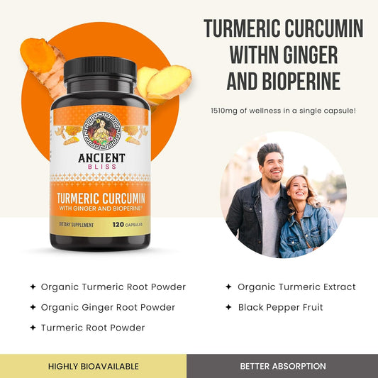 Ancient Bliss Turmeric Curcumin with Ginger & Bioperine, Turmeric Curcumin with Black Pepper & Raw Ginger Root Powder Capsule Supplement (120 Capsules)