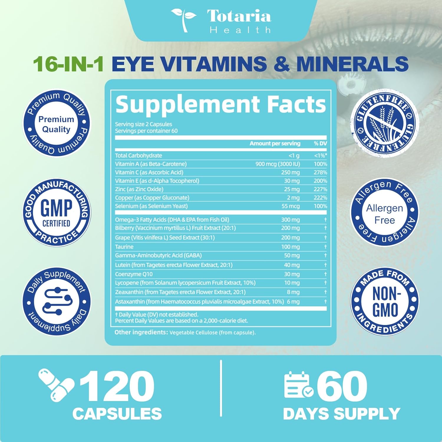 Eye Vitamins Lutein And Zeaxanthin For Adults, Areds 2 Eye Vitamin And Mineral, Omega-3, Bilberry Extract - Carotenoid Blend, Support Eye Health, Strain, Comfort & Hydration (120 Capsules) : Health & Household