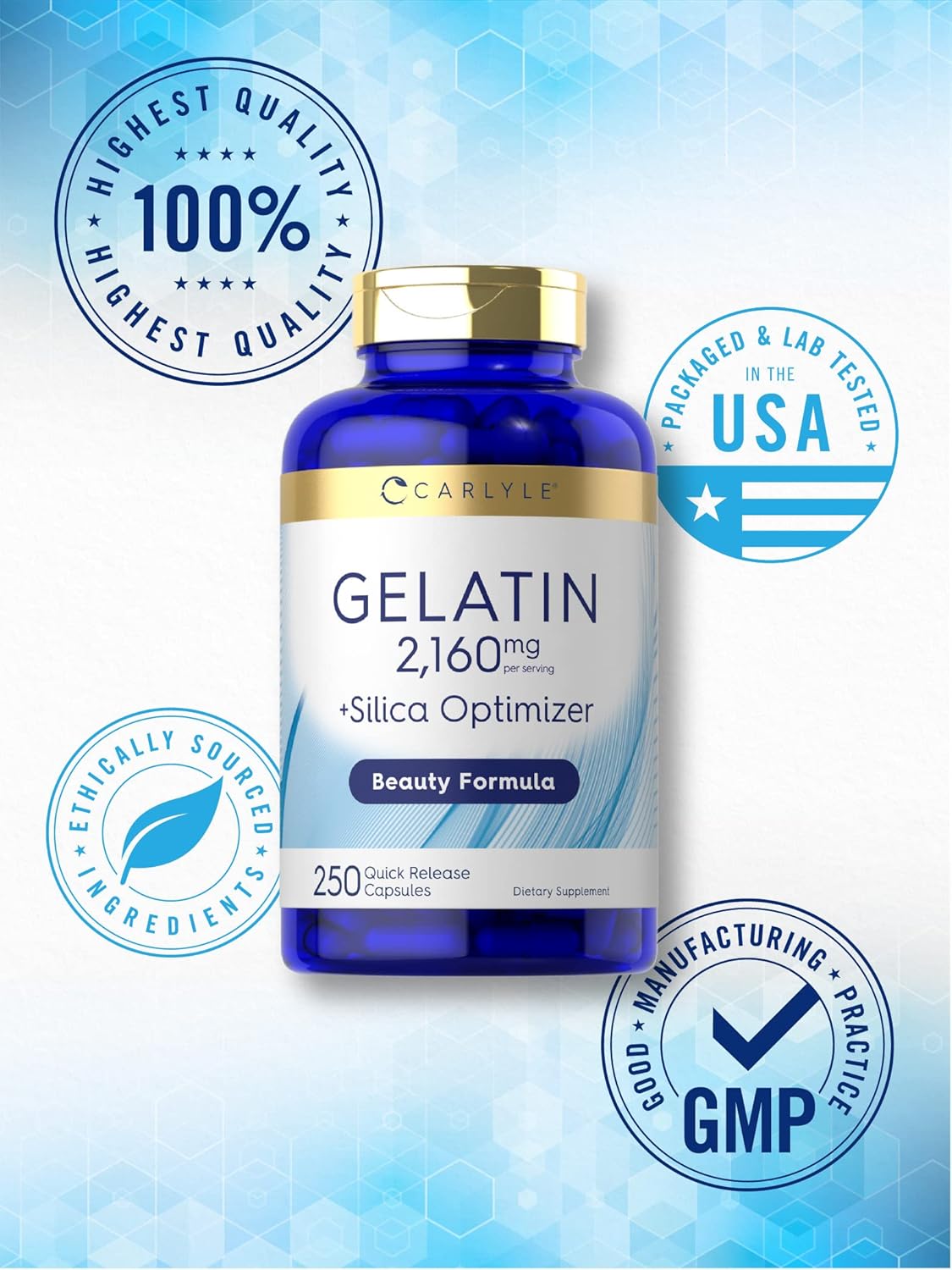 Gelatin 2160 mg | with Silica Optimizer | 250 Capsules | Non-GMO, and Gluten Free Supplement | by Carlyle : Health & Household