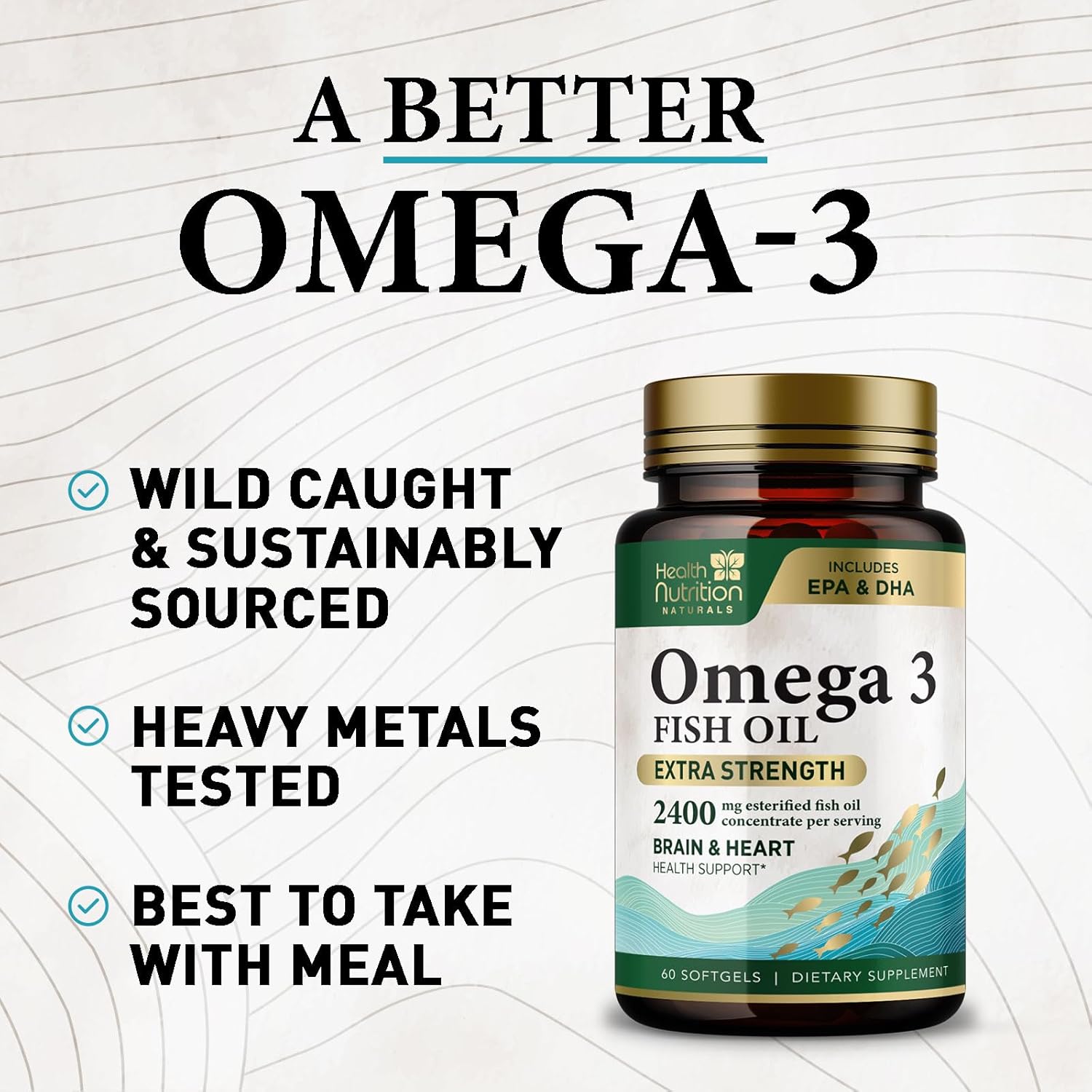 Omega 3 Fish Oil Triple Strength 1200 Mg, Omega-3 Supplements, Natural Brain Heart Health & Immune Support - Fatty Acids With Epa & Dha - Wild Caught Purified Fish Oil Supplement - 60 Softgels : Health & Household