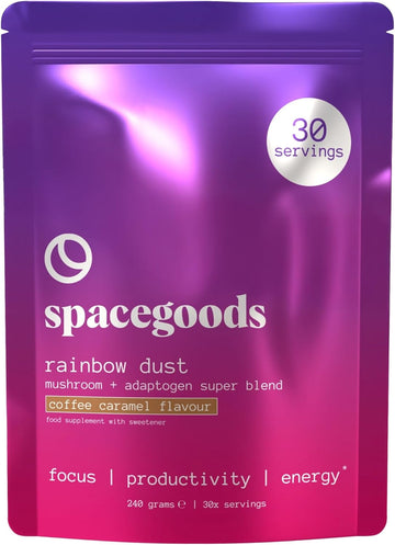 Spacegoods Rainbow Dust 240G | 30 Servings | Flavoured Mushroom Coffee | Decaffeinated | Lions Mane, Chaga, Ashwagandha & Vitamin B5| Sharper Focus, Energy & Calm | Coffee