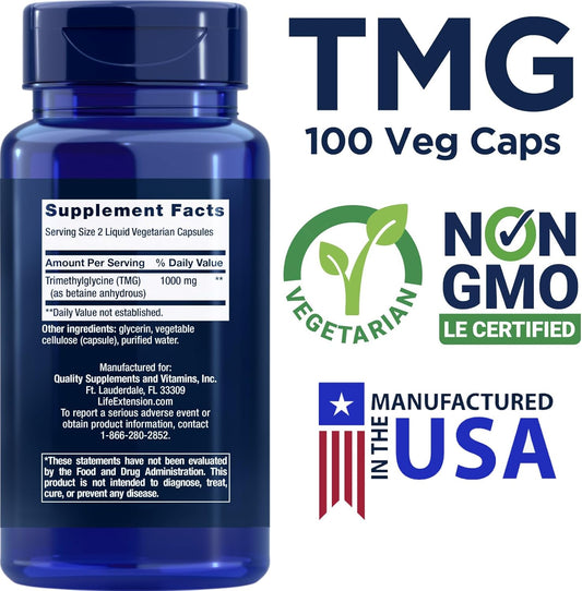 Life Extension TMG 500mg, 100 Liq Veg Caps (Pack of 2) - Glycine Betaine Trimethylglycine Supplement - Gluten Free, Non-GMO, Vegetarian