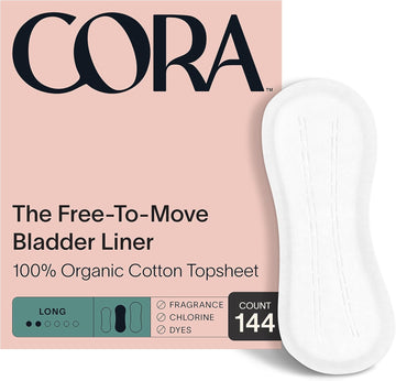 Cora Ultra Thin Organic Bladder Liners | Incontinence & Postpartum Pads For Women | Panty Liners For Bladder Leaks | Breathable Cotton (144 Long Liners)