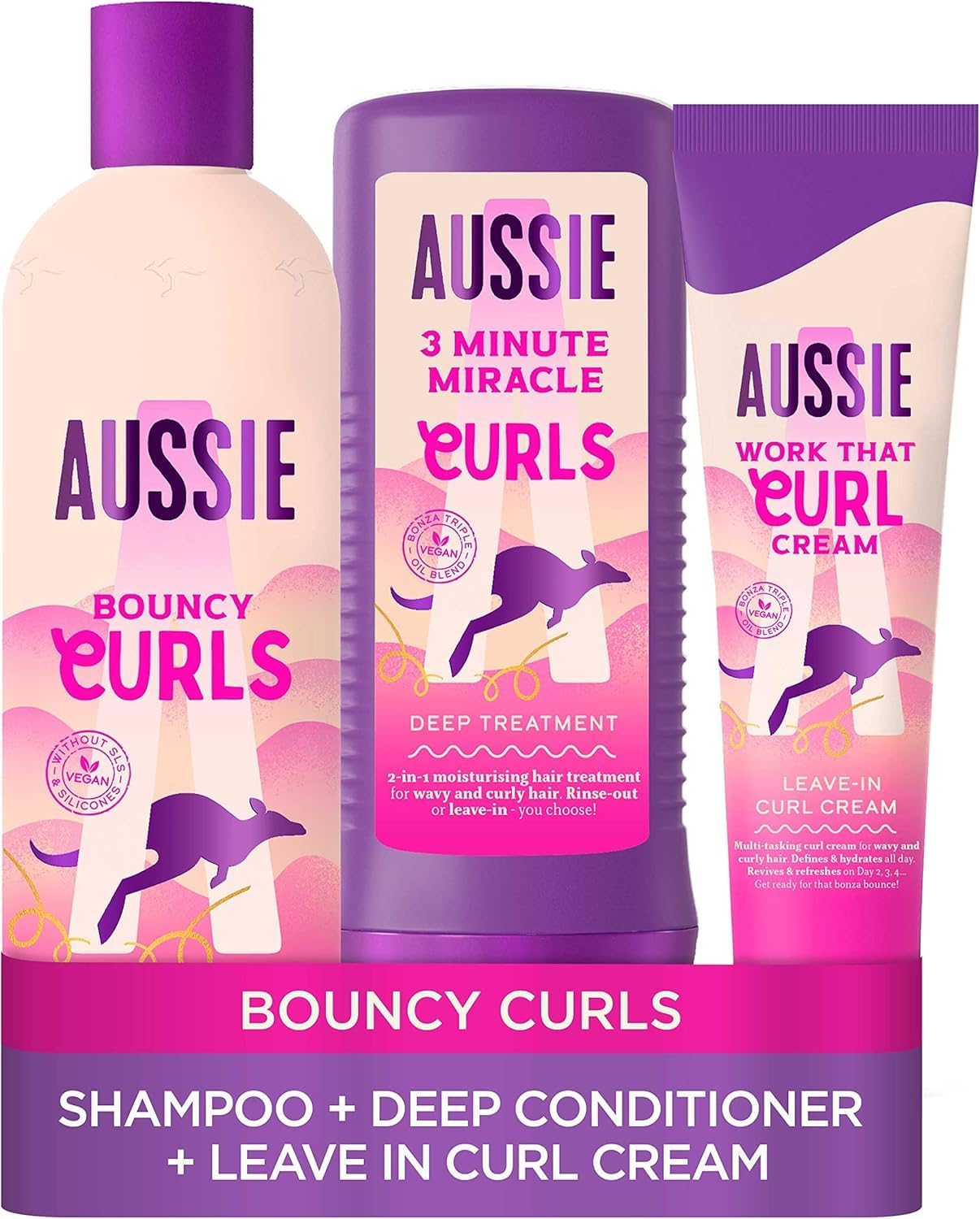 Aussie Curls Shampoo And Conditioner Set With Leave In Conditioner Curl Cream, Curly Hair Products With Coconut Oil, Jojoba Oil & Macadamia Nut Oil 300/225/160 Ml