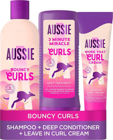 Aussie Curls Shampoo And Conditioner Set With Leave In Conditioner Curl Cream, Curly Hair Products With Coconut Oil, Jojoba Oil & Macadamia Nut Oil 300/225/160 Ml