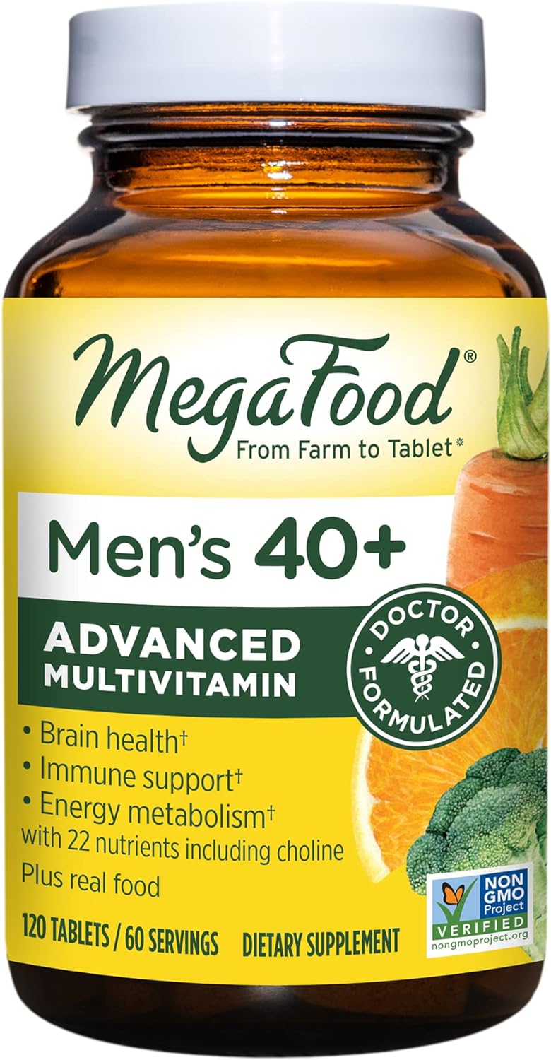 MegaFood Men's 40+ Advanced Multivitamin for Men - Dr-Formulated - Choline, Vitamin B, Vitamin C, Vitamin D, Zinc & Real Food - Brain Health, Immune Support - Vegetarian - 120 Tabs (60 Servings)