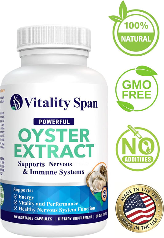 Oyster Extract - Pure, Highly Concentrated Supplement For Men & Women – Supports Energy & Immune Boost; Zinc, Taurine, Amino Acids, And Vitamins, 500 Mg, 60 Veg Capsules, Made In Usa