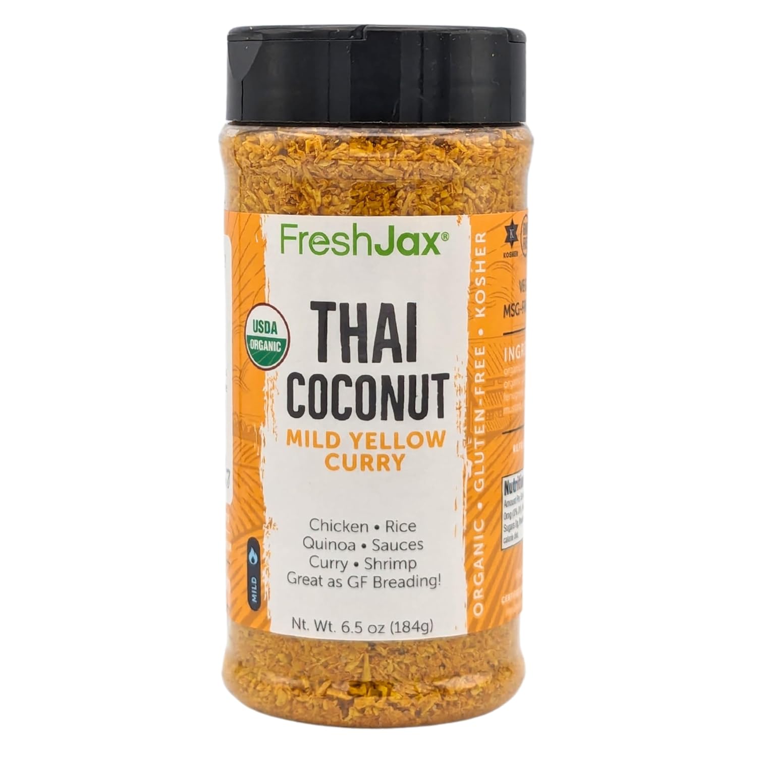 FreshJax Organic Spices - Gourmet Thai Coconut Curry Mild - Yellow - XL Bottle - Coconut Shrimp - Gluten Free Breading