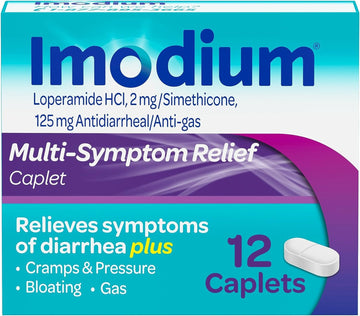 Imodium Multi-Symptom Relief Caplets With Loperamide Hydrochloride And Simethicone, Anti-Diarrheal Medicine For Treatment Of Diarrhea, Gas, Bloating, Cramps & Pressure, 12 Ct