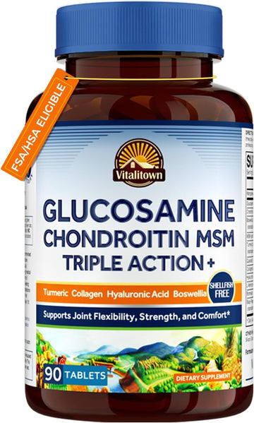 Vitalitown Glucosamine Chondroitin Msm | Collagen, Boswellia, Turmeric, Hyaluronic Acid, Bromelain | Triple Action+ Joint Formula | 12 Joint-Loving Ingredients | 90 Tablets, No Shellfish