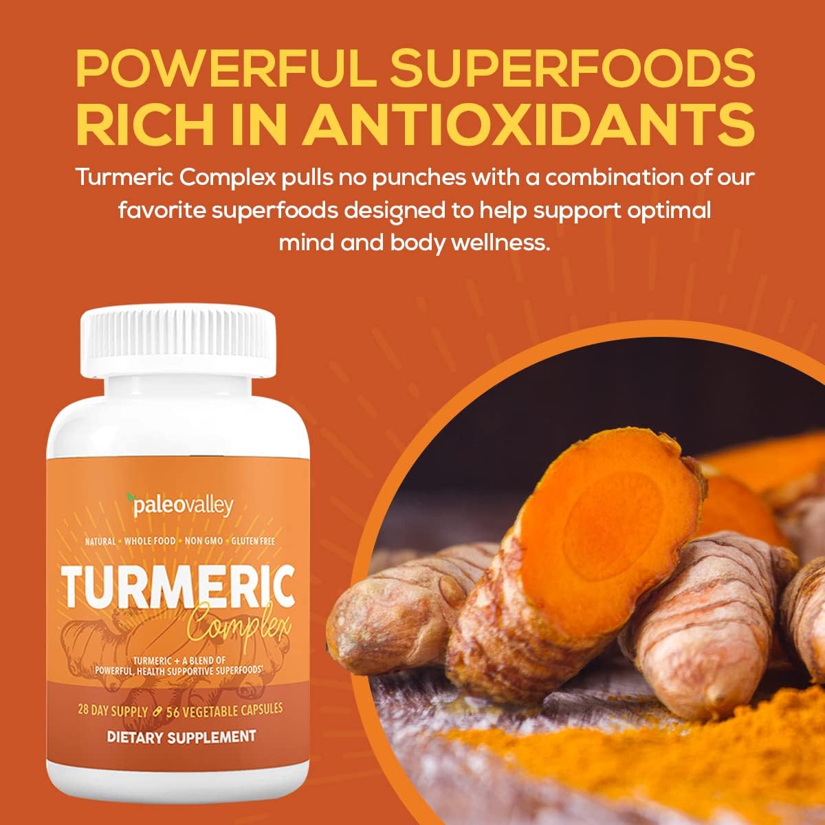 Paleovalley - Organic Turmeric Complex - Full Spectrum Organic Turmeric with Health-Supportive Superfoods - 56 Vegetarian Capsules - Support Joints, Immunity, Brain and Heart Health : Health & Household