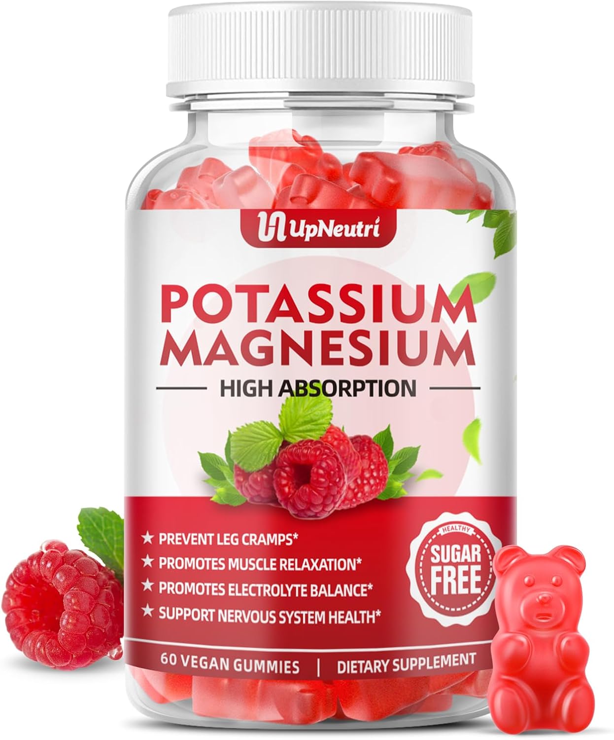 Potassium Magnesium Supplement Gummies For Adults Kids, Sugar-Free Potassium Citrate Gummies Supports Leg Cramps & Muscle & Heart Health, Vegan Magnesium Glycinate Gummies Raspberry Flavor 60 Cts