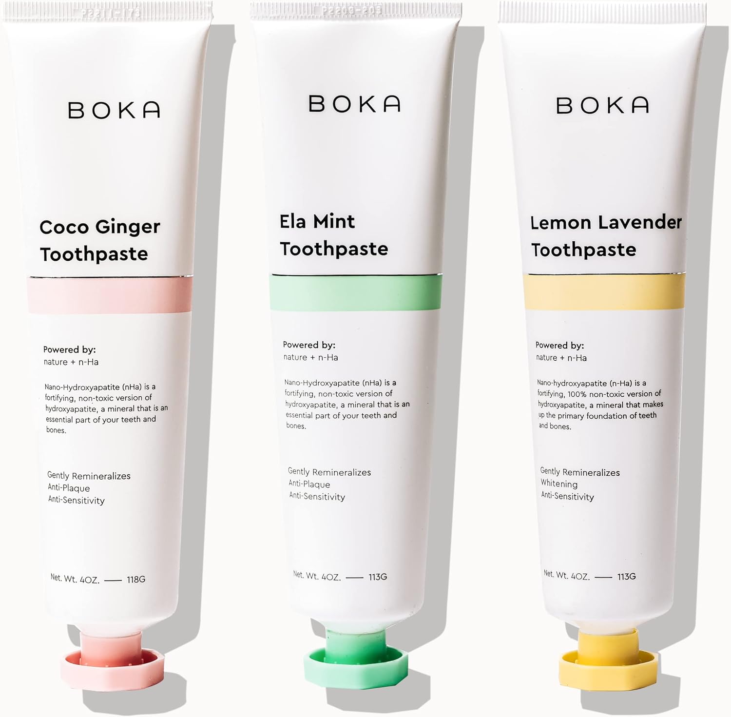 Boka Fluoride Free Toothpaste- Nano Hydroxyapatite, Remineralizing & Whitening- Dentist Recommended for Adult, Kids- Ela Mint, Coco Ginger, Lemon Lavender Flavor, 3 Piece Assortment- US Manufactured