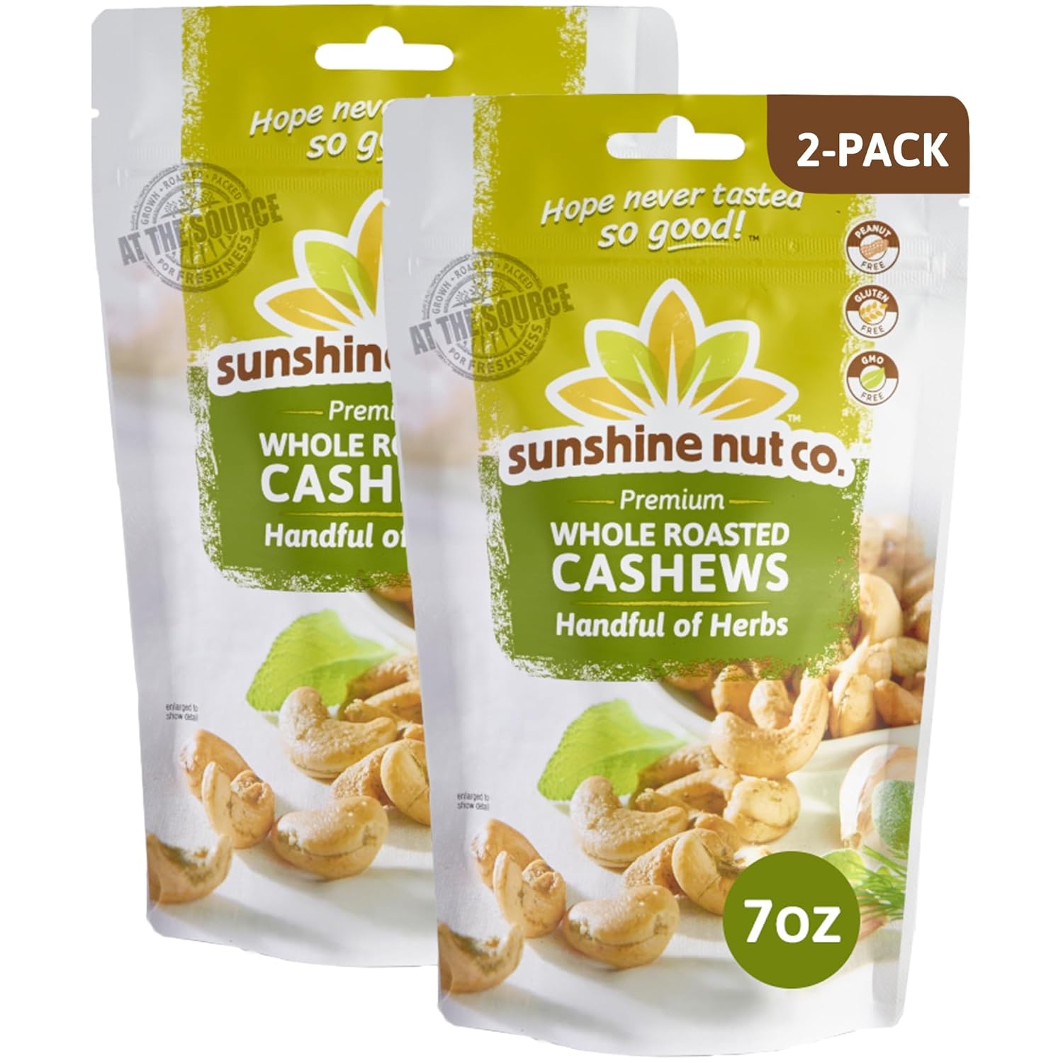 Sunshine Nut Company Whole Roasted Lightly Salted Cashews, Handful Of Herbs Flavor, 2 Pack, 7 Oz. Each, Gluten Free, Peanut Free And Vegan Individual Snack Packs For Kids And Adults, Gmo Free