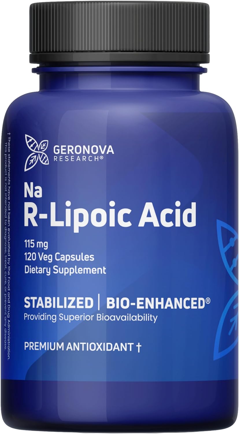 GeroNova Research R-Lipoic Acid 115mg 120 Caps - Stabilized R-Alpha Lipoic Acid With Superior Bioavailability, Metabolic Activity & Healthy Aging Support - Gluten Free & Non-GMO Antioxidant Supplement