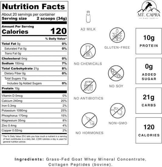Mt. Capra Clean Minerals With Collagen Peptides | Whole Food Minerals From Goat Milk Whey And Grass-Fed Type I And Iii Collagen Peptides | 10 G Protein Per Serving | Unflavored | 20 Servings - 23.8 Oz