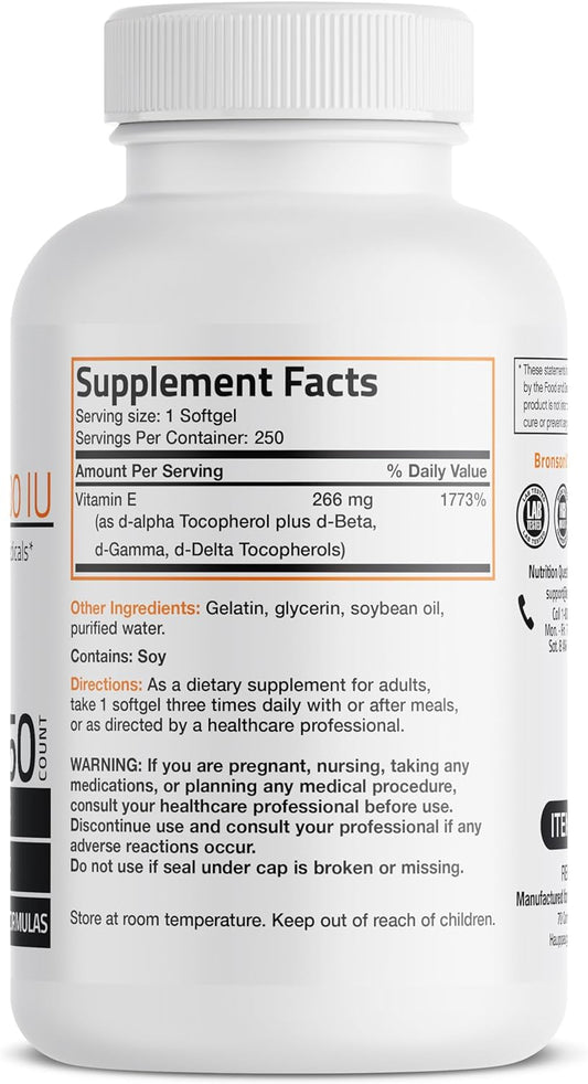 Bronson Natural Vitamin E Complex 400 I.U. Supplement (D-Alpha Tocopherol Plus D-Beta, D-Gamma, & D-Delta Tocopherols), Natural Antioxidant, 250 Softgels