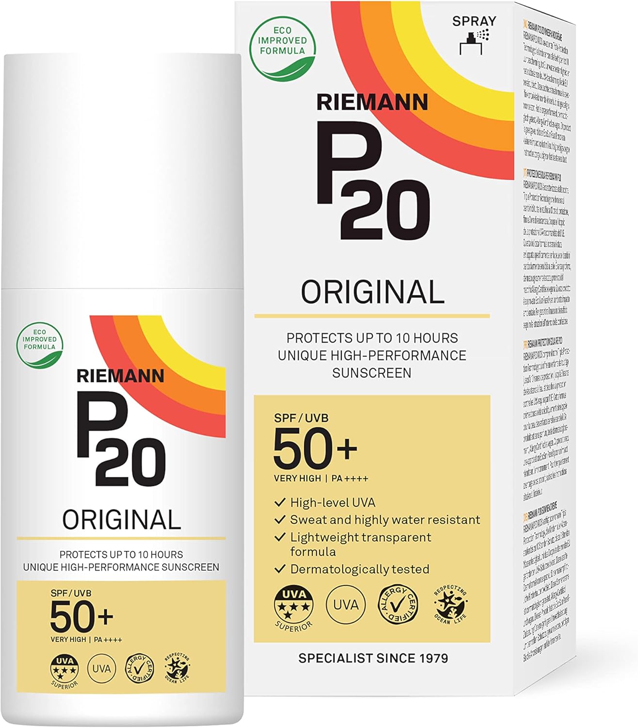 Riemann P20 Original Spf50 +Plus Spray 200Ml, Advanced Sunscreen Protection High Performance Triple Protection, Sweat Resistance, Protects Up To 10 Hours, Very Water Resistant, High Uva Protection