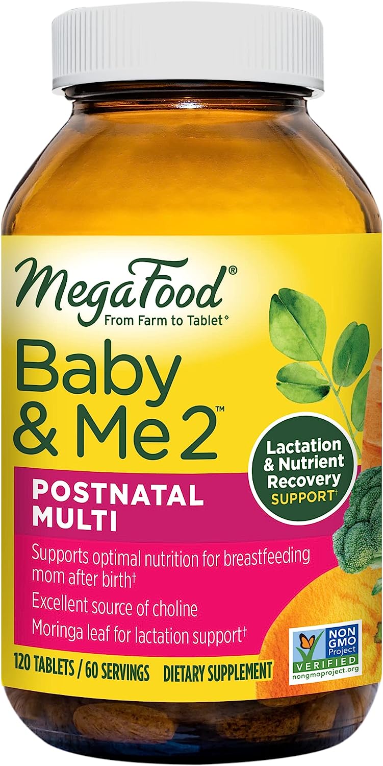 MegaFood Baby & Me 2 Postnatal Vitamins for Breastfeeding Moms with Folate (Folic Acid Natural Form), Choline, Iodine, Vitamin D, Moringa Leaf and More - 120 Tabs (60 Servings)