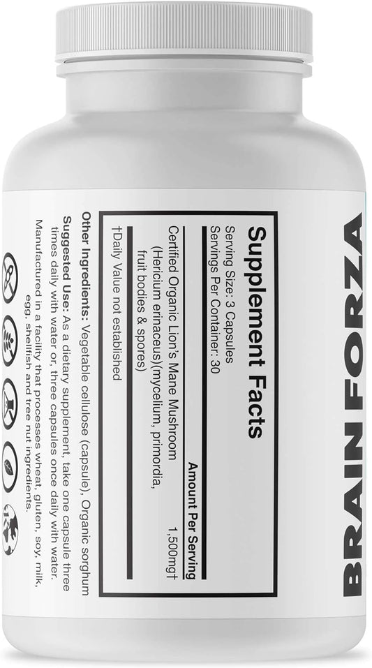 Brain Forza Organic Lion's Mane Mushroom Capsules, Natural Supplement for Memory Support, Focus, Clarity, Nerve Health, Non-GMO, Vegan, Organic, 90 Capsules