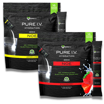 KaraMD Pure I.V. - Doctor Formulated Electrolyte Powder Drink Mix 2 Flavor Bundle ? Refreshing & Delicious Hydrating Packets with Vitamins & Minerals ? 1 Lemon Lime & 1 Strawberry Bag (32 Sticks)