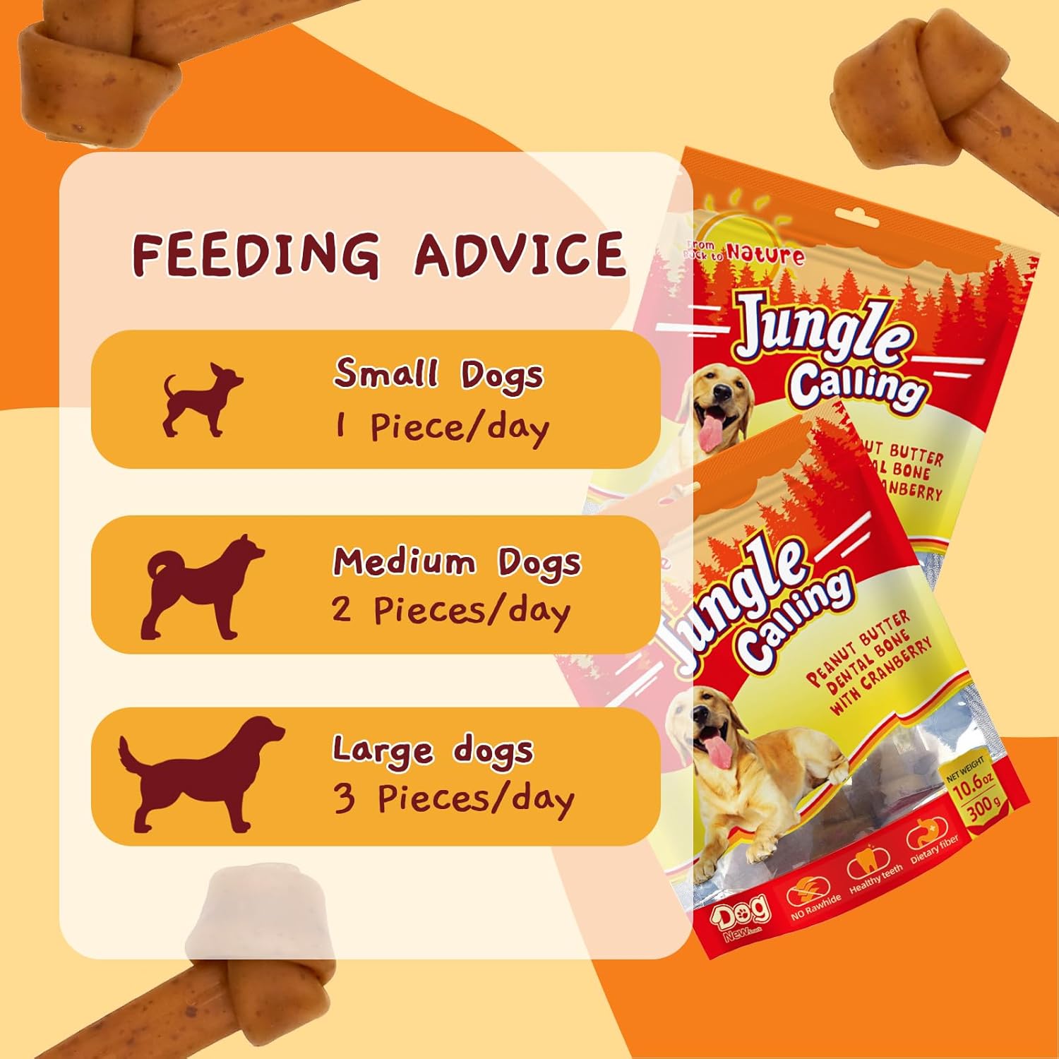 Jungle Calling Rawhide Free Dog Treats, Peanut Butter Bones, 6.5'' Dog Chews for Medium Dogs and Large Dogs (Peanut Butter),4 Count (Pack of 1) : Pet Supplies