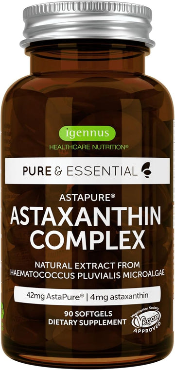 Astaxanthin Complex With Lutein And Zeaxanthin, Natural Algae Antioxidant For Eyes, Skin & Joints, Non-Gmo 42 Mg Astapure Providing H. Pluvialis Astaxanthin 4Mg Softgels, Pure & Essential