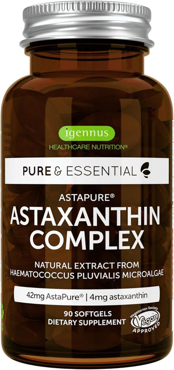 Igennus Vegan Astaxanthin 4Mg Complex With Lutein And Zeaxanthin, 90 Small Softgels, From 42 Mg Astapure, Natural Algae Antioxidant For Eyes, Skin & Joints, Non-Gmo, H. Pluvialis